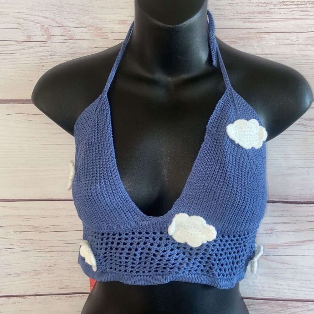 Romwe Womens Kawaii Knitted Halter Top M Blue Cloud Knit Patches Fairy B2
